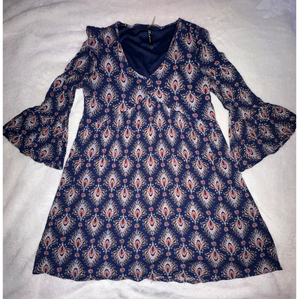 Andrée Paisley Print Dress Bell Sleeve V Neck Mini Dress Boho Chic M